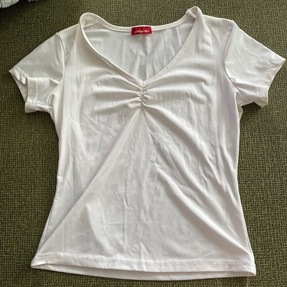 Stretch Material Tee Shirt with Gathering on Chest